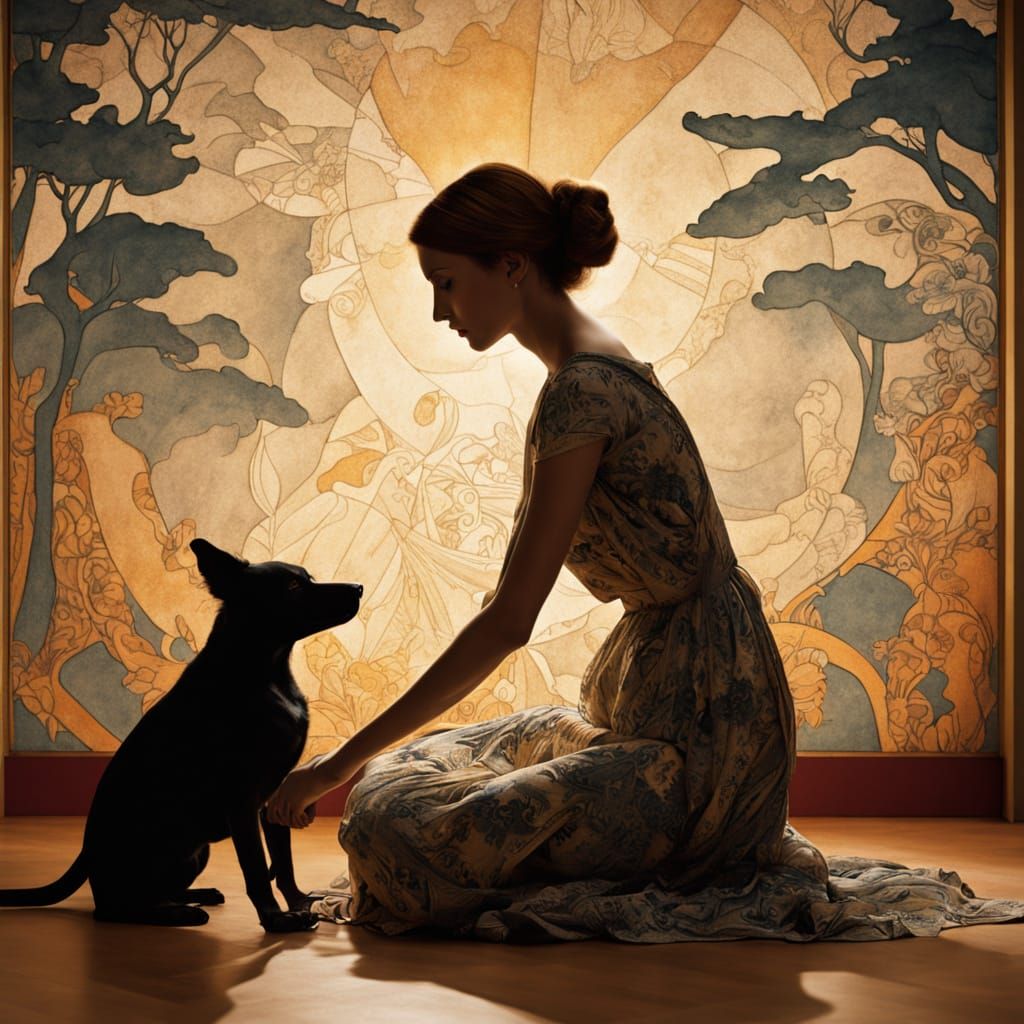 Surreal Twilight Scene with Whimsical Shadow Dogs