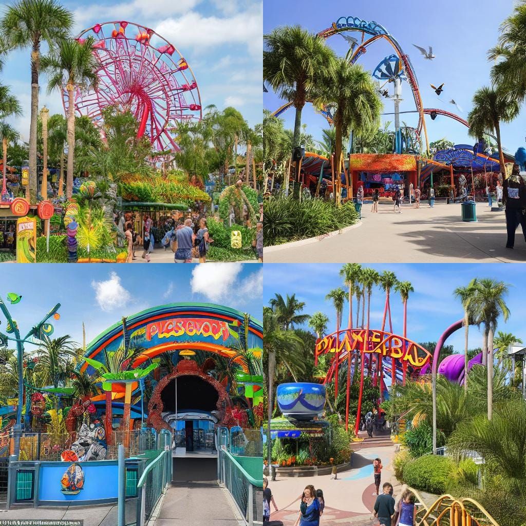 Tropical Theme Park Entrance with Roller Coaster