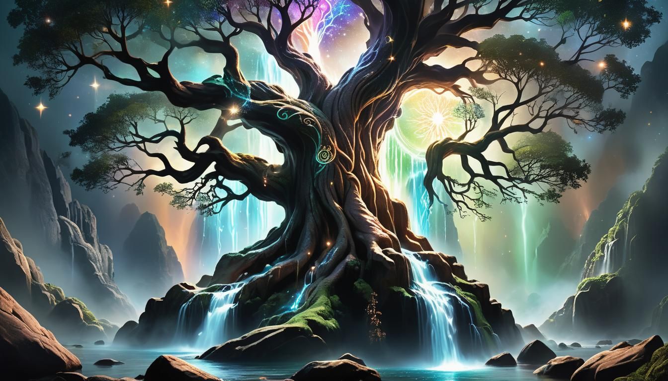Yggdrasil Tree of Life Waterfall in Fantasy Art