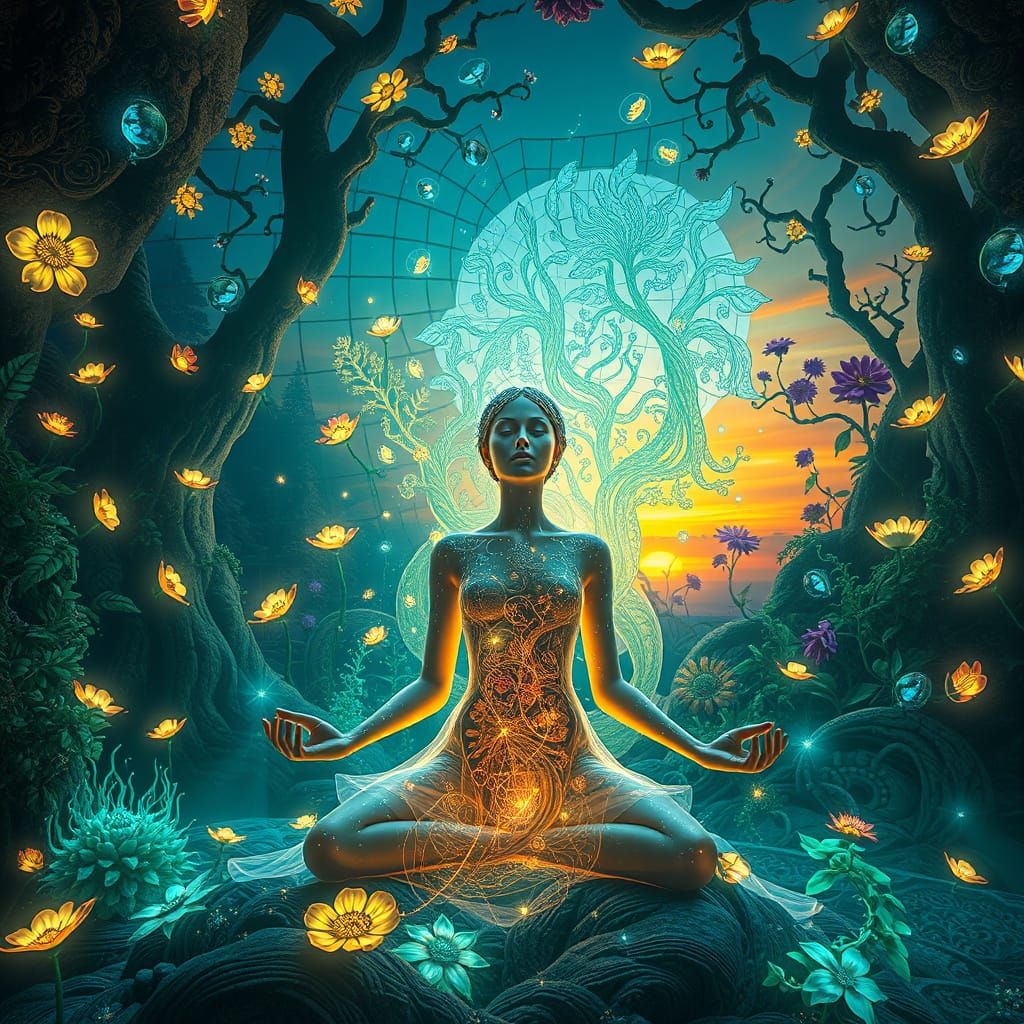 Mystical Woman Meditating in Labyrinth of Light