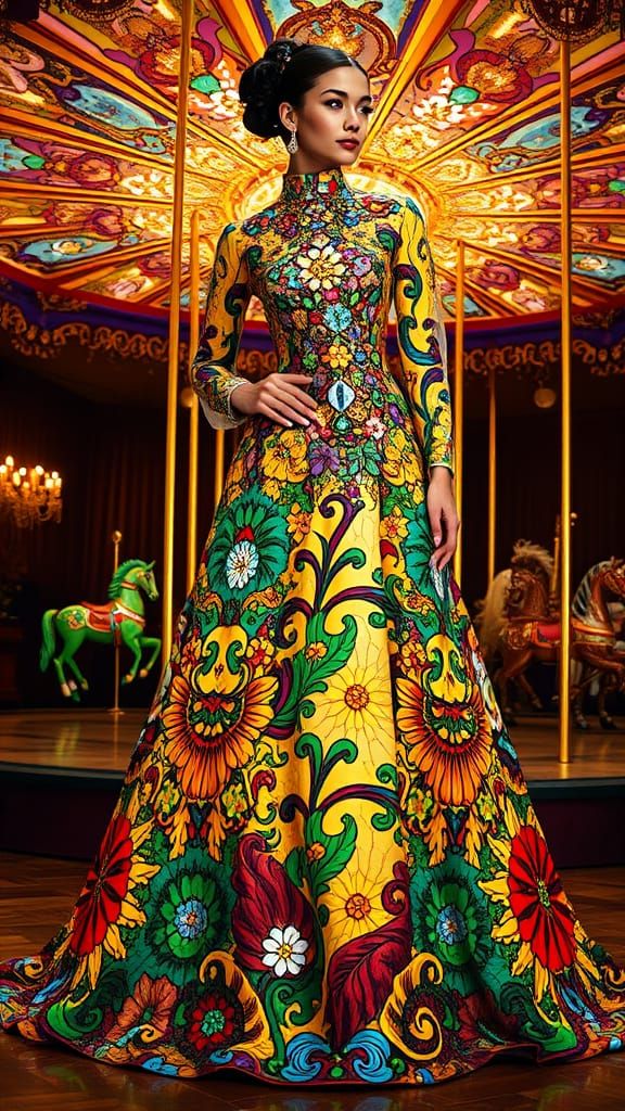 Haute Couture Faux Mosaic Stained Glass Gown in Colorful Cir...