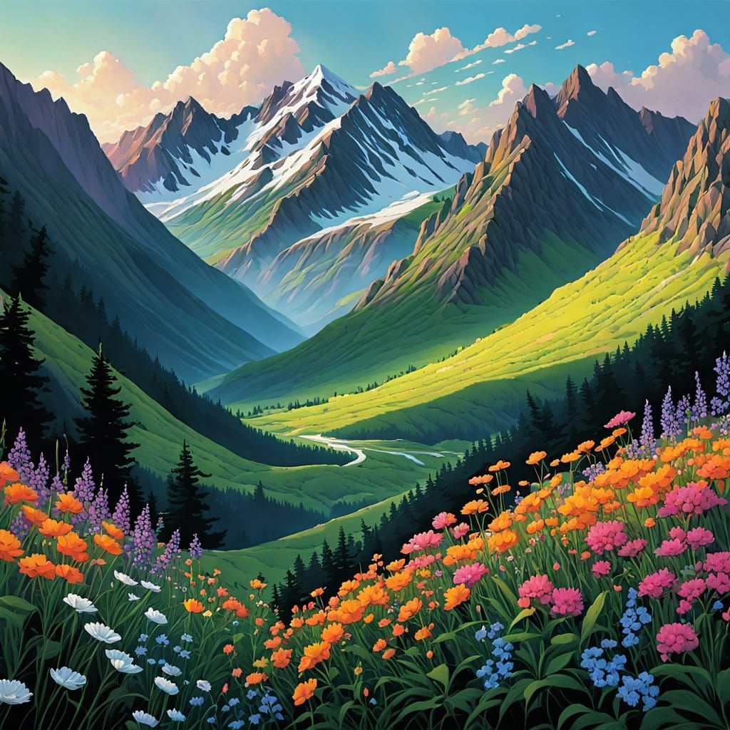 Vibrant Wildflower Mountains in Detailed Anime Style