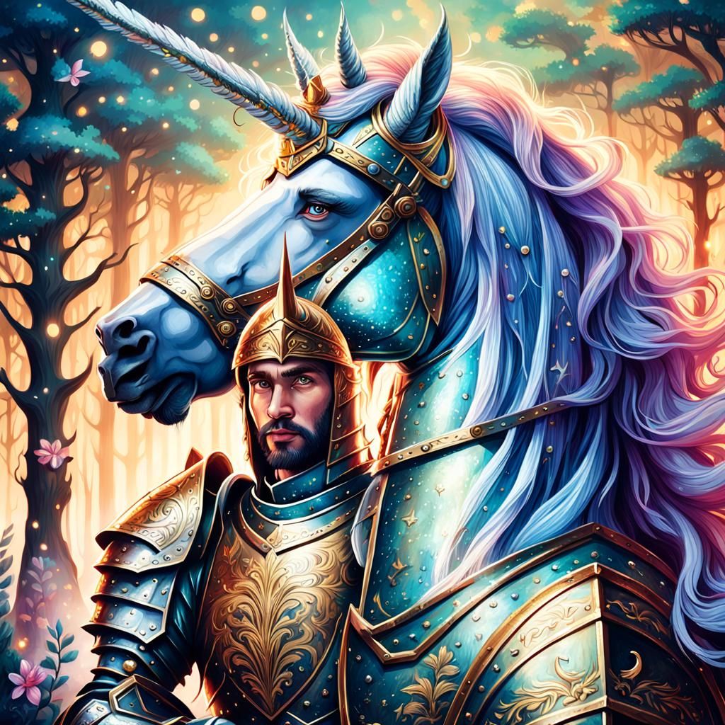 Unicorn Knight Portrait in Medieval Fantasy Style