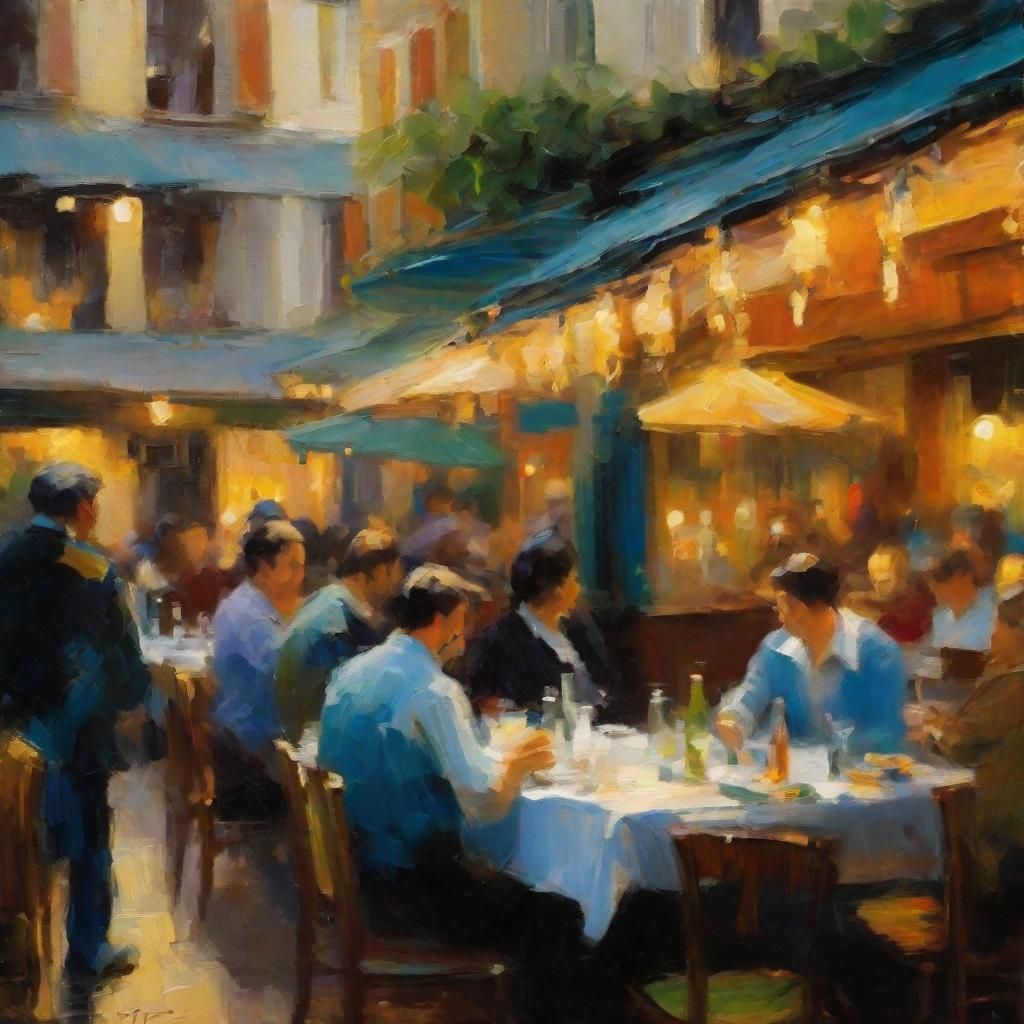 Impressionist Restaurant Scene in Blue, Turquoise, and White