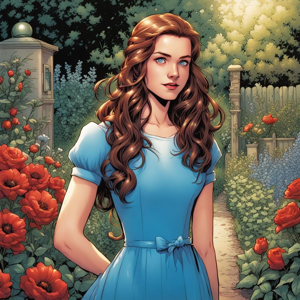 Comic Art Portrait: Girl in Blue Dress in Garden