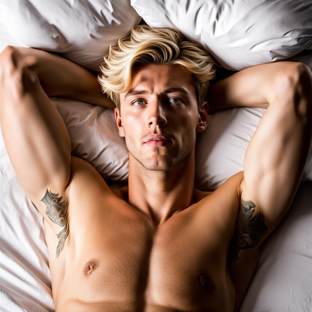 Realistic Portrait of a Blonde Man Lying in Bed
