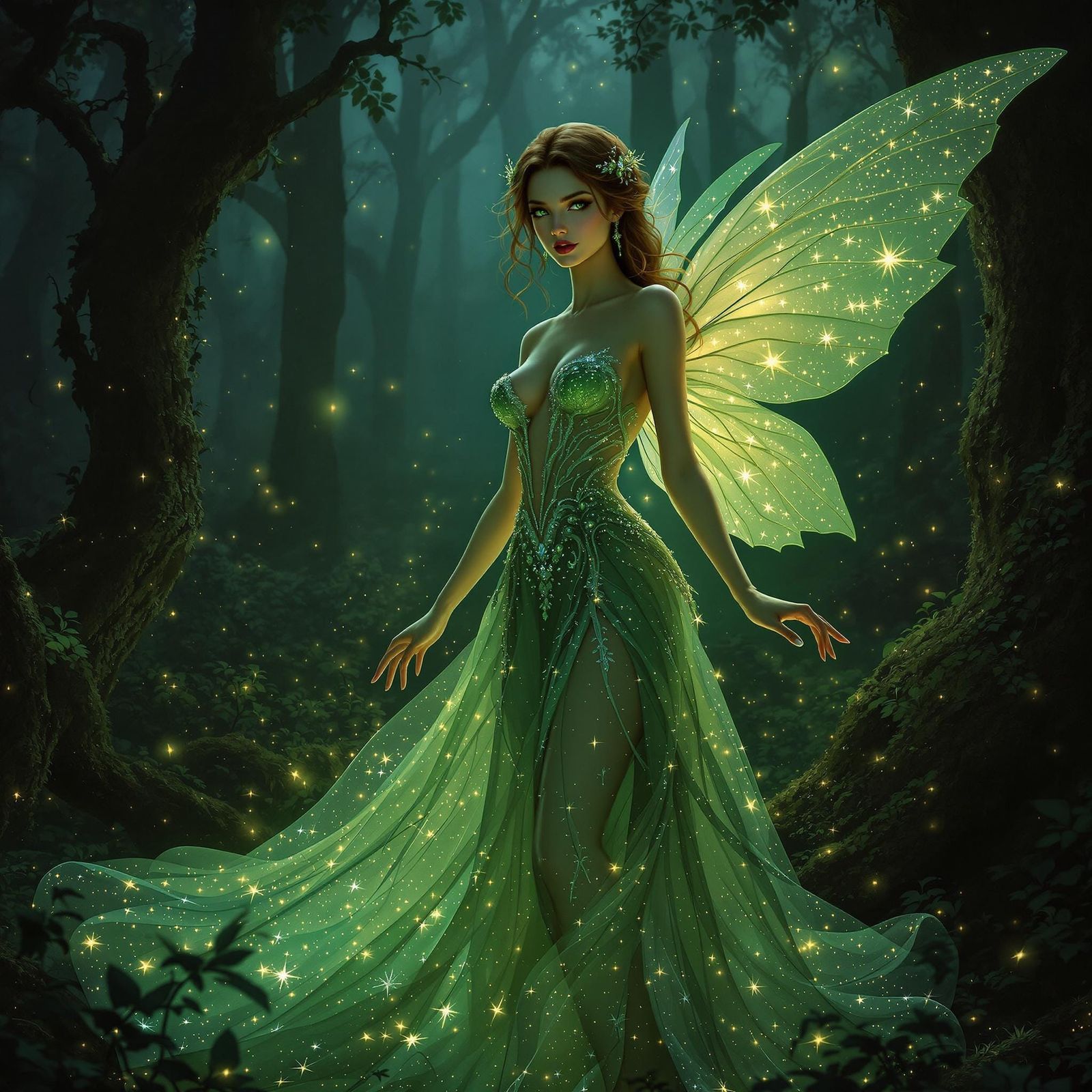 Enchanted Forest Fairy in Shimmering Gown: Digital Painting