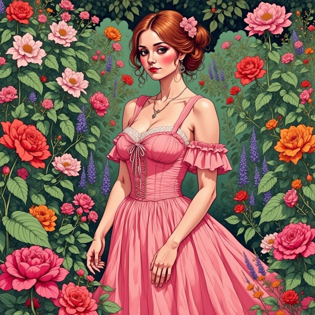 Elegant Woman in Whimsical Garden Setting