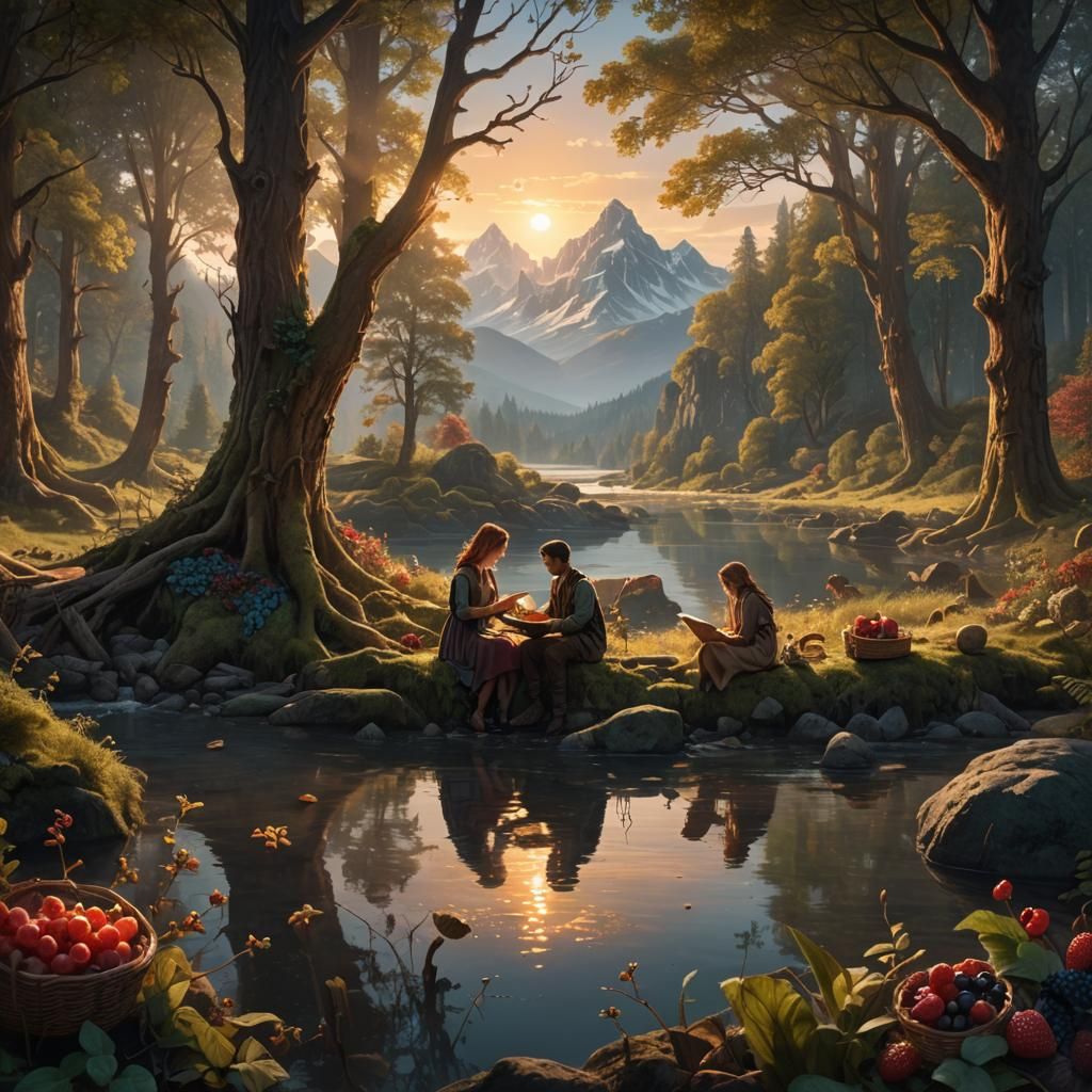 Enchanted Forest Scene at Dawn: Fantasy Concept Art