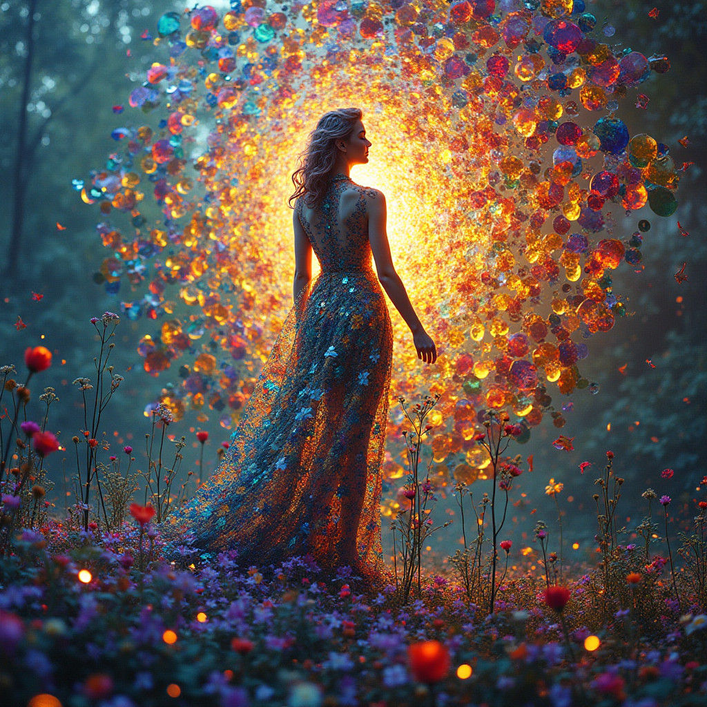 Stained Glass Woman Gazing at Surreal Dreamscape