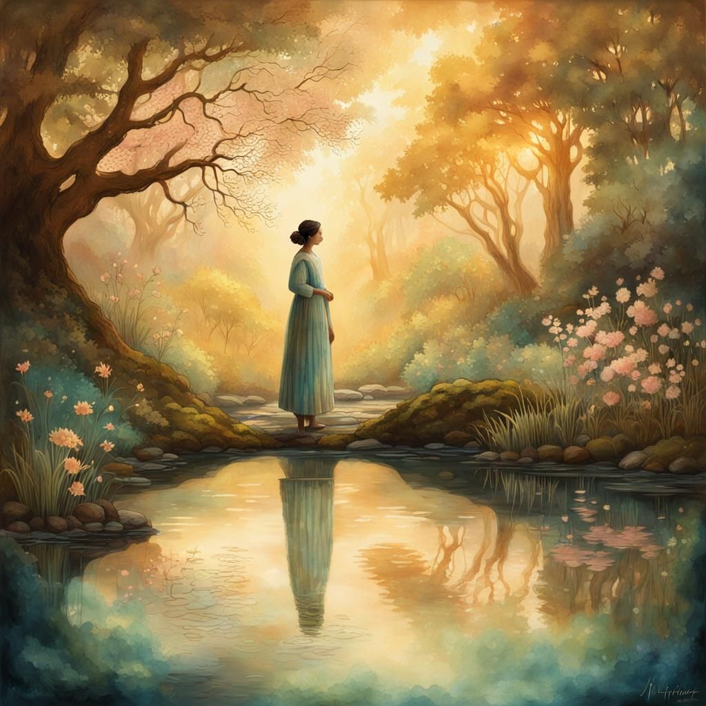 Dreamy Ethereal Landscape with Serene Woman and Arboretum