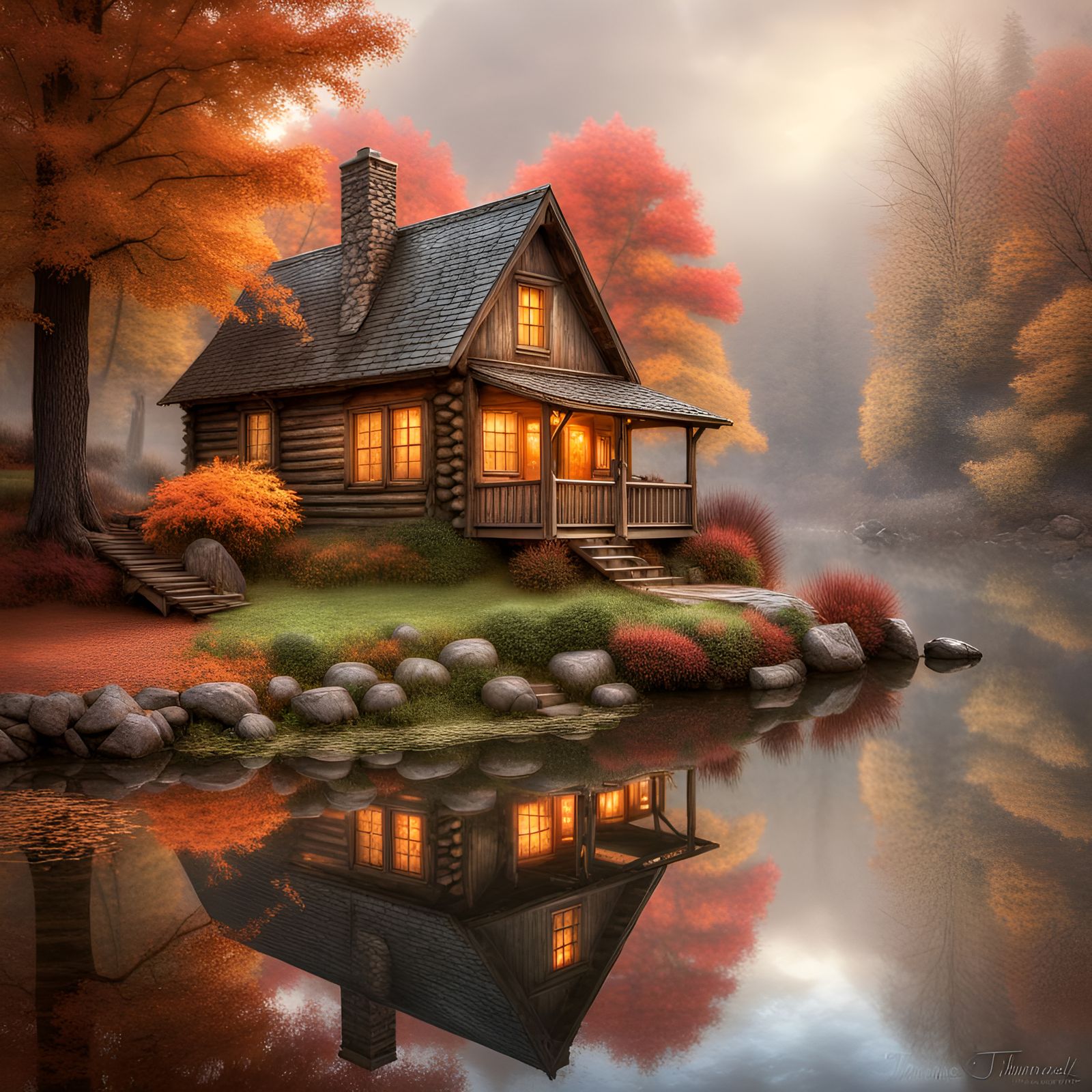 Ethereal Autumn Cabin Scene in Hyperrealistic Style