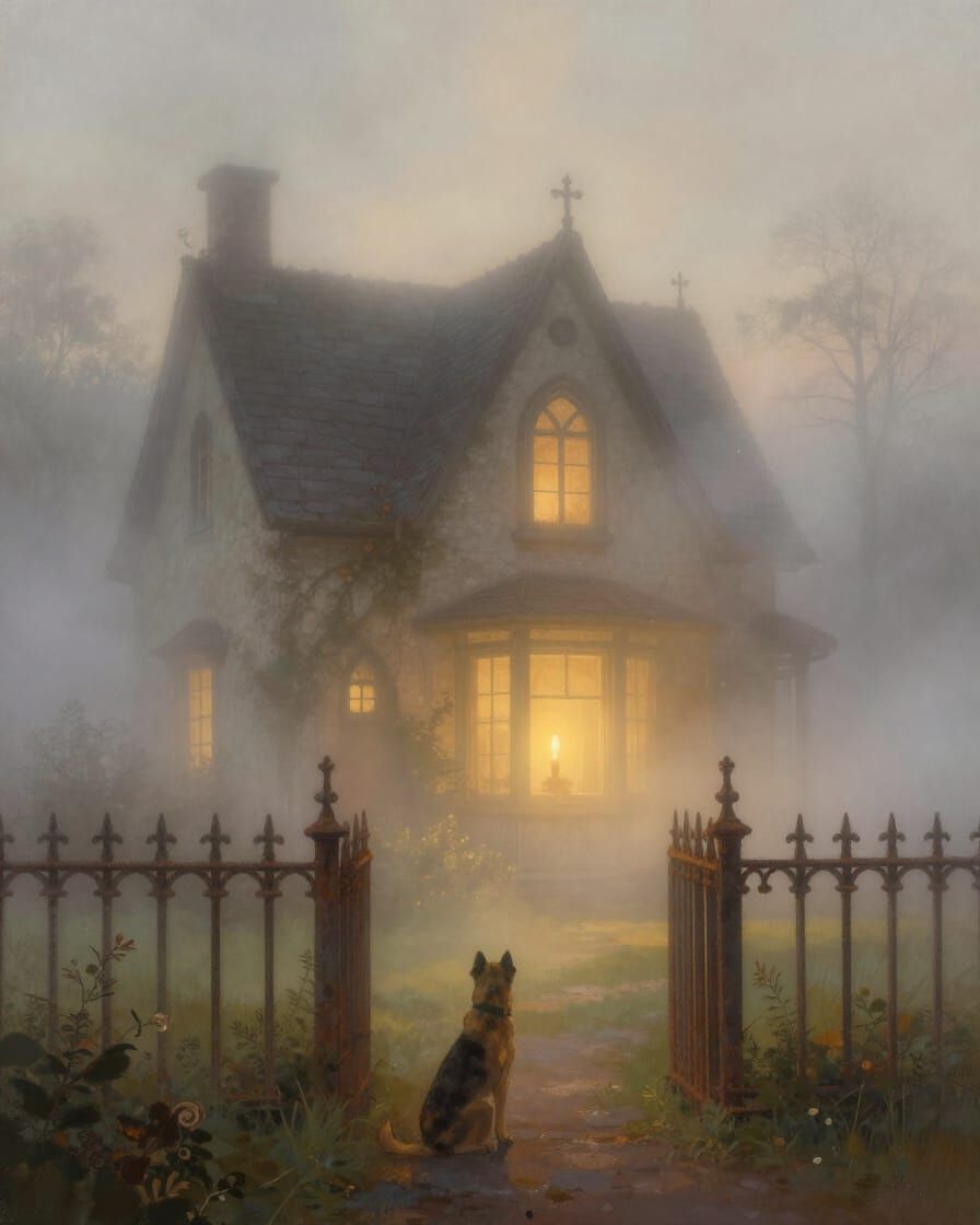 Mysterious Cottage in Ethereal Mist with Candlelight