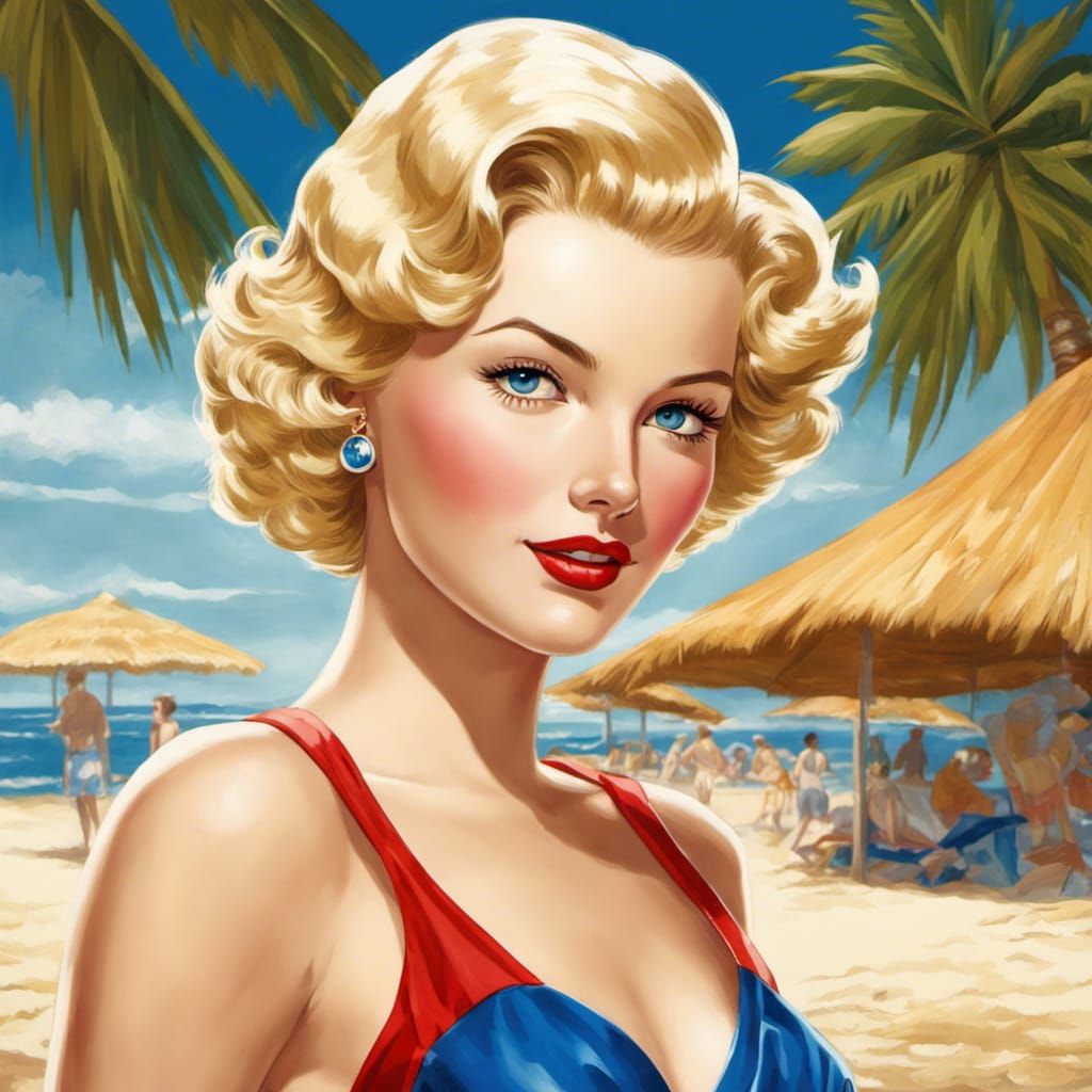 1950s Blonde Woman on Beach in Anime Style