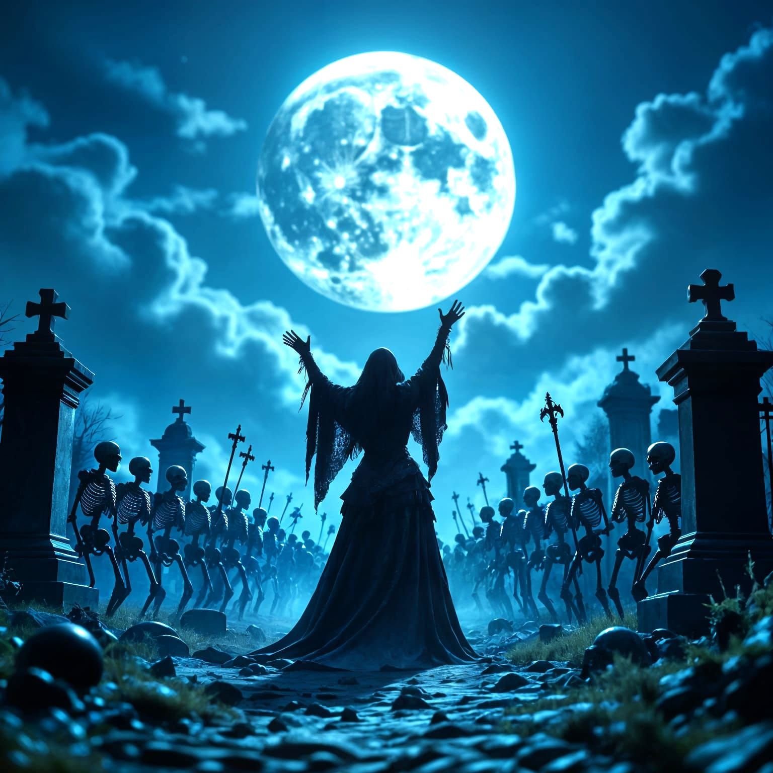 Necromancer Raising Skeletons in Graveyard, Dark Fantasy