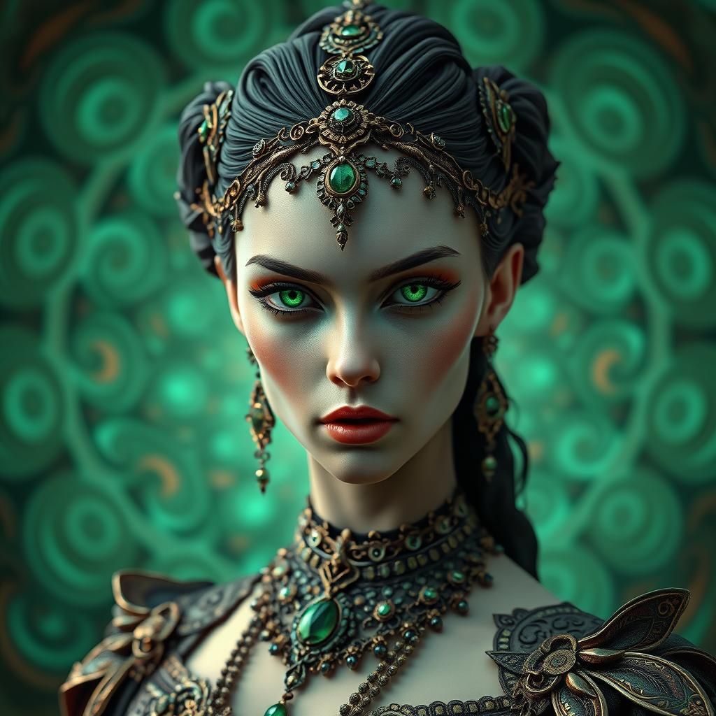 Woman with Emerald Eyes in Surreal Landscape