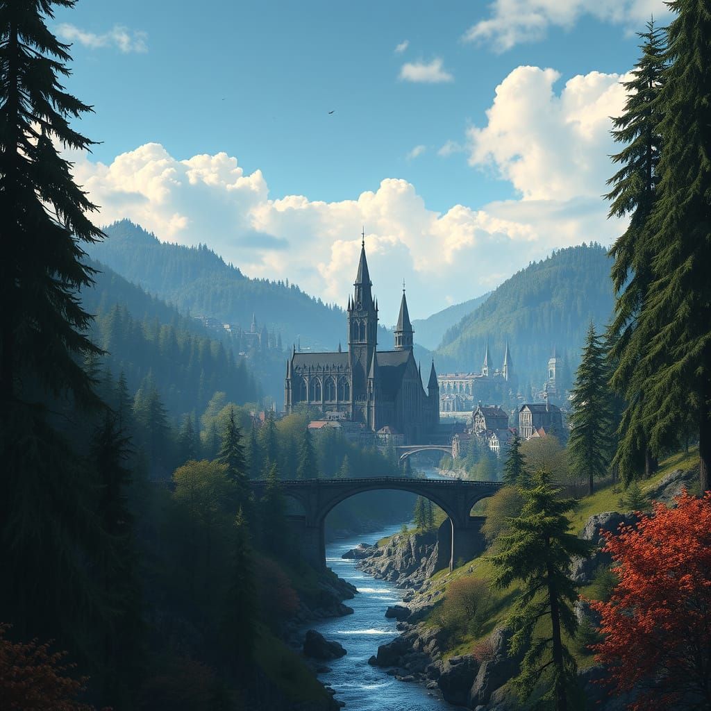 Gothic Black Stone City in Blue Pine Forest