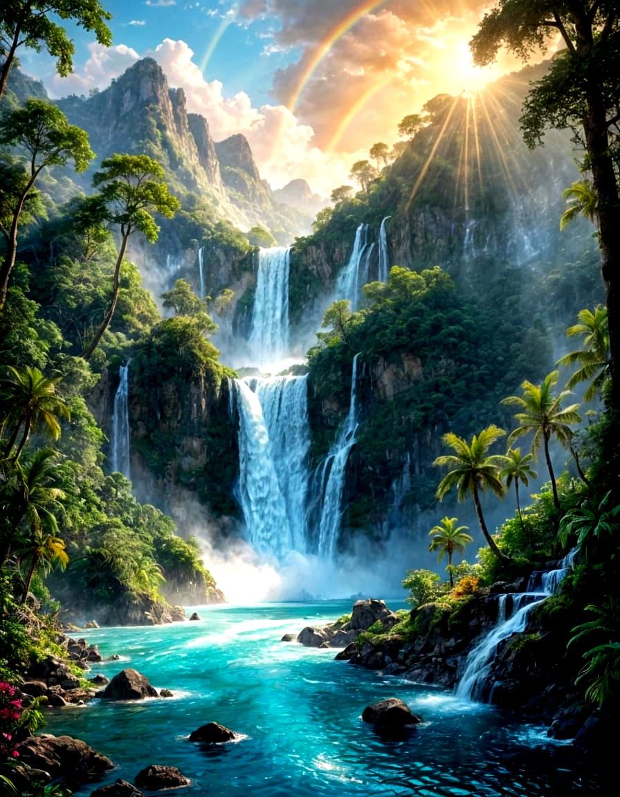 Romantic Hyperrealistic Waterfall Scene in Muted Colors