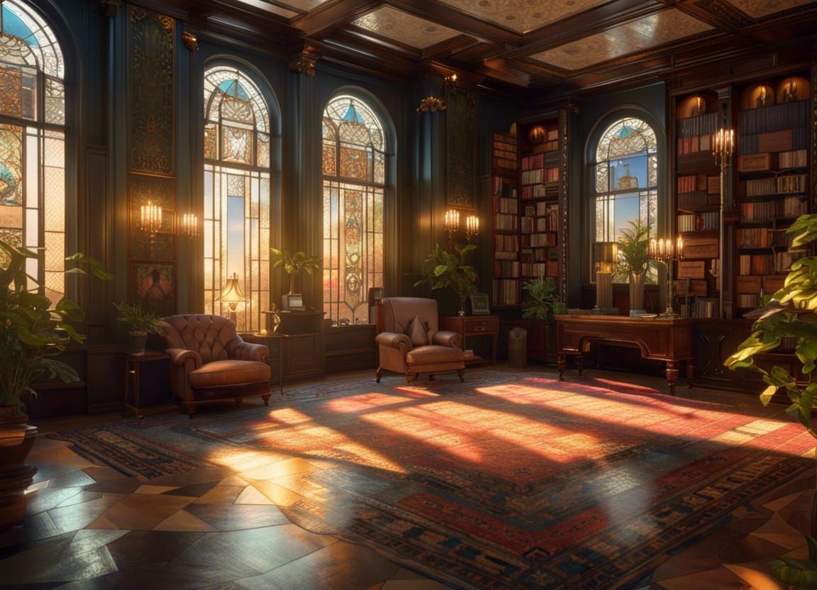 Art Deco Mansion Library at Sunset in Hyperrealism