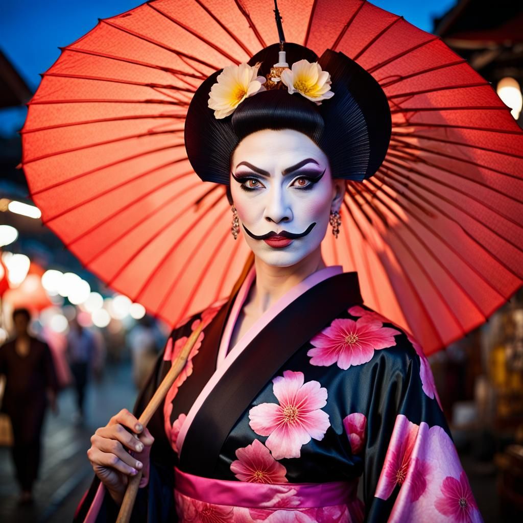 Drag Queen in Geisha Dress at Asian Market