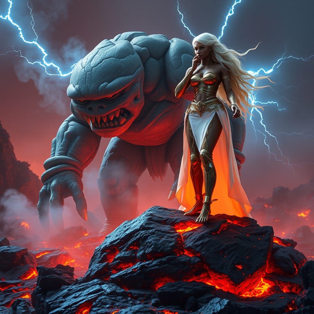 Golem and Queen in Sci-Fi Lava Landscape