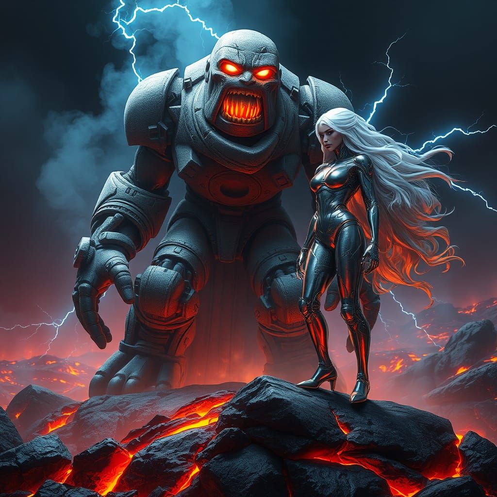 Golem and Queen Amidst Lava and Lightning