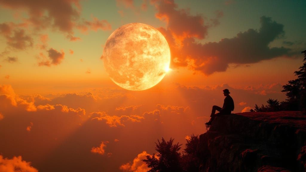 Watcher on Cliff Gazes at City Sunset with Double Exposure S...