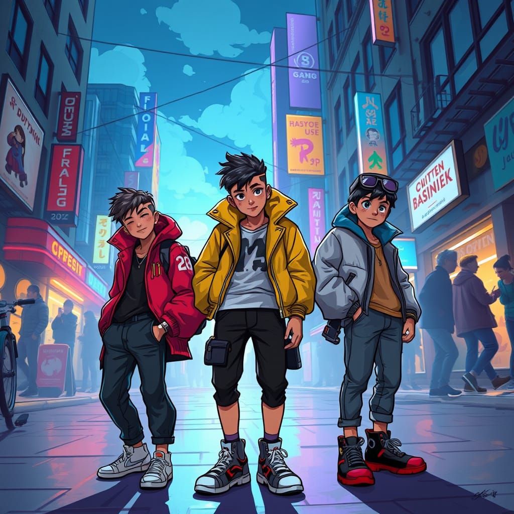 Trendy Boys Posing in Urban Setting with Vibrant Colors