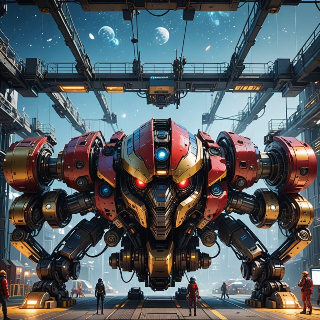 Cybernetic Fembot Engineers Oversee Futuristic Space Dock Co...