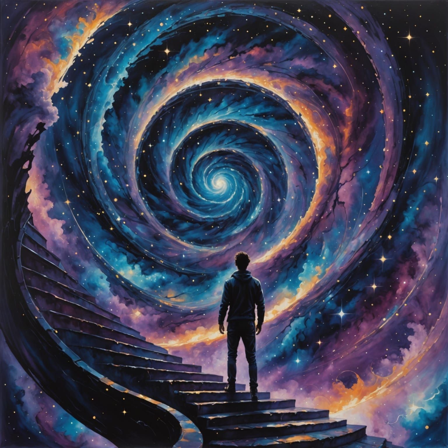 Cosmic Staircase: Dreamlike Ink and Watercolor Painting