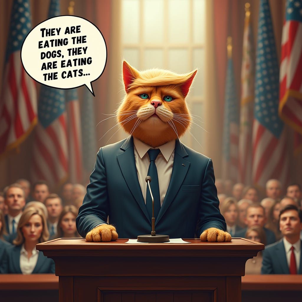 Regal Trump Cat Condemns Feline Cannibalism in Grand Speech