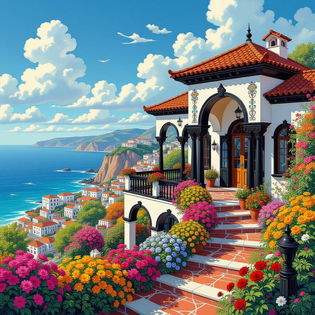 Majestic Villa in Blossoming Garden, Hyperrealistic Style