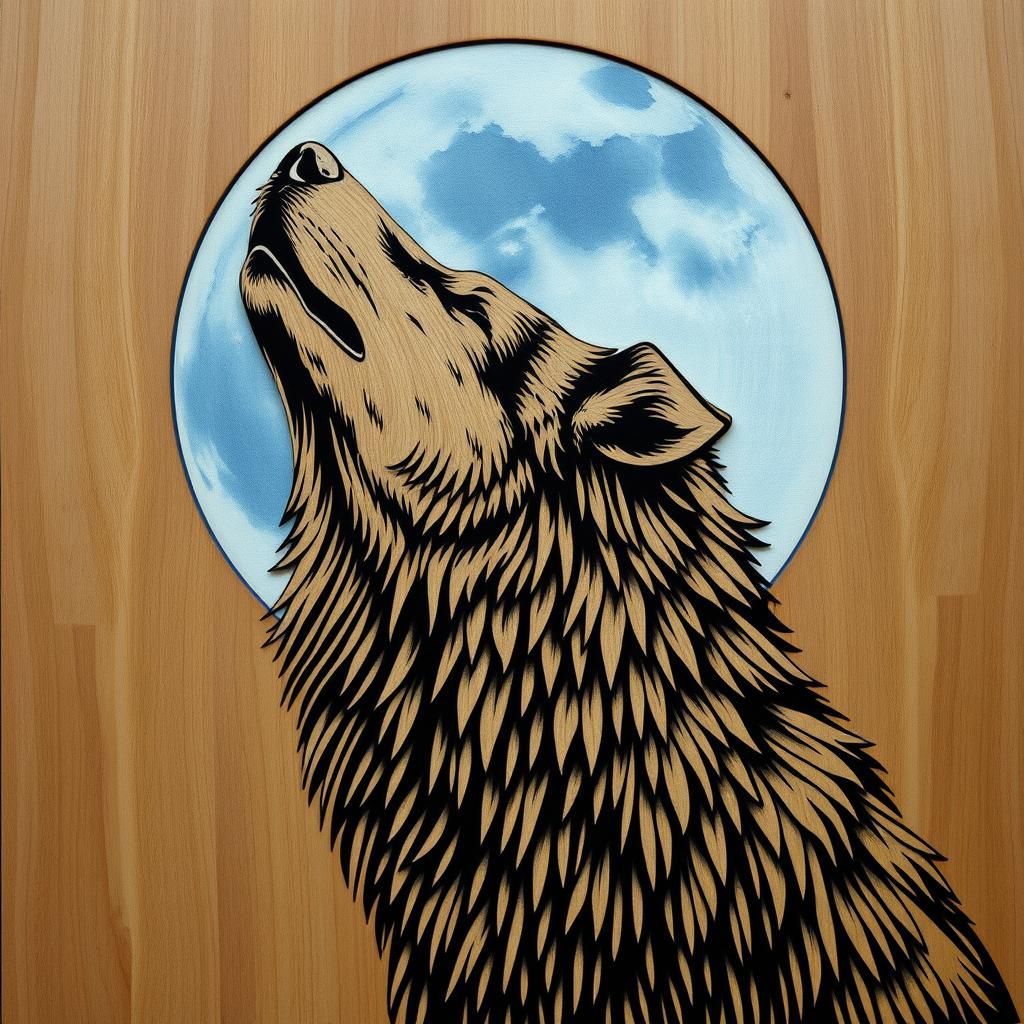 Ein majestätischer Wolf, der mit erhobenem Kopf in den vollen Mond heult, ist fein und detailliert aus Holz geschnitzt. ...