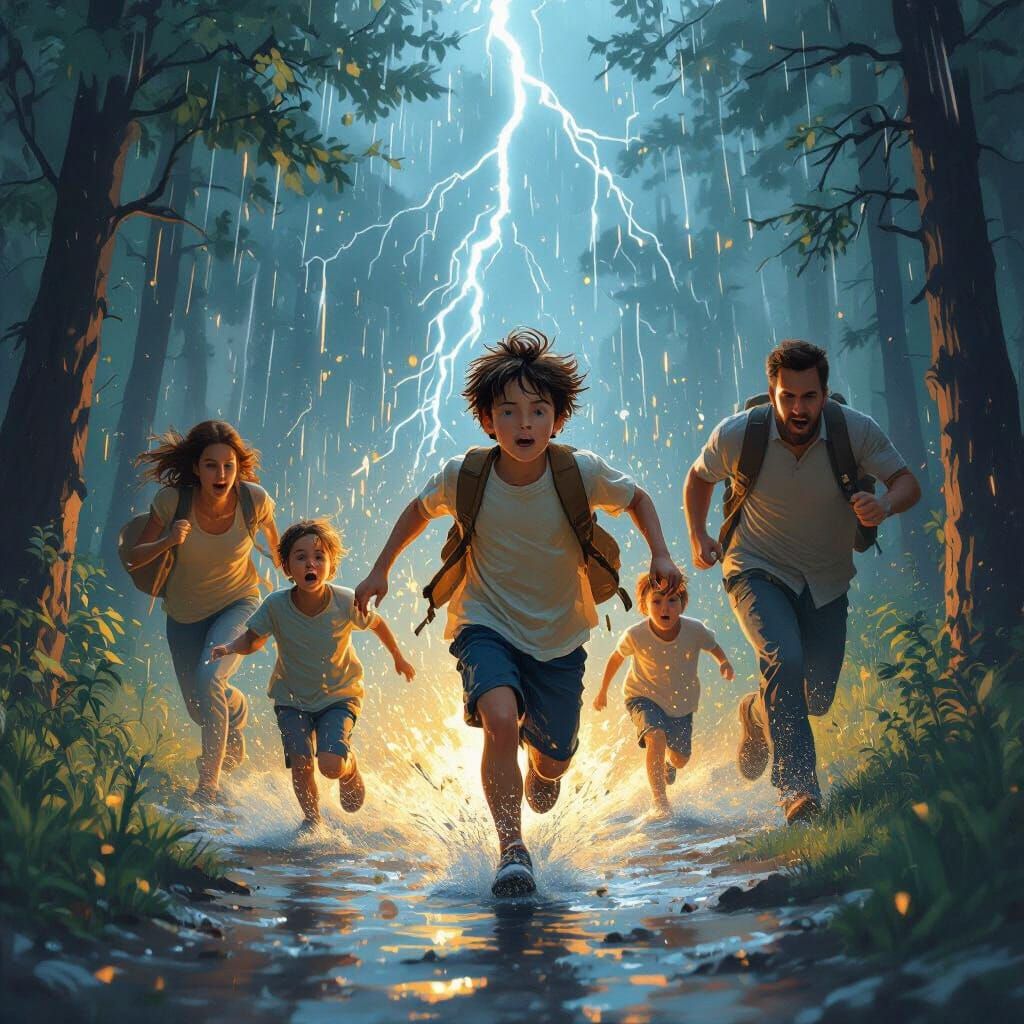 Boy Chased by Bear in Summer Storm