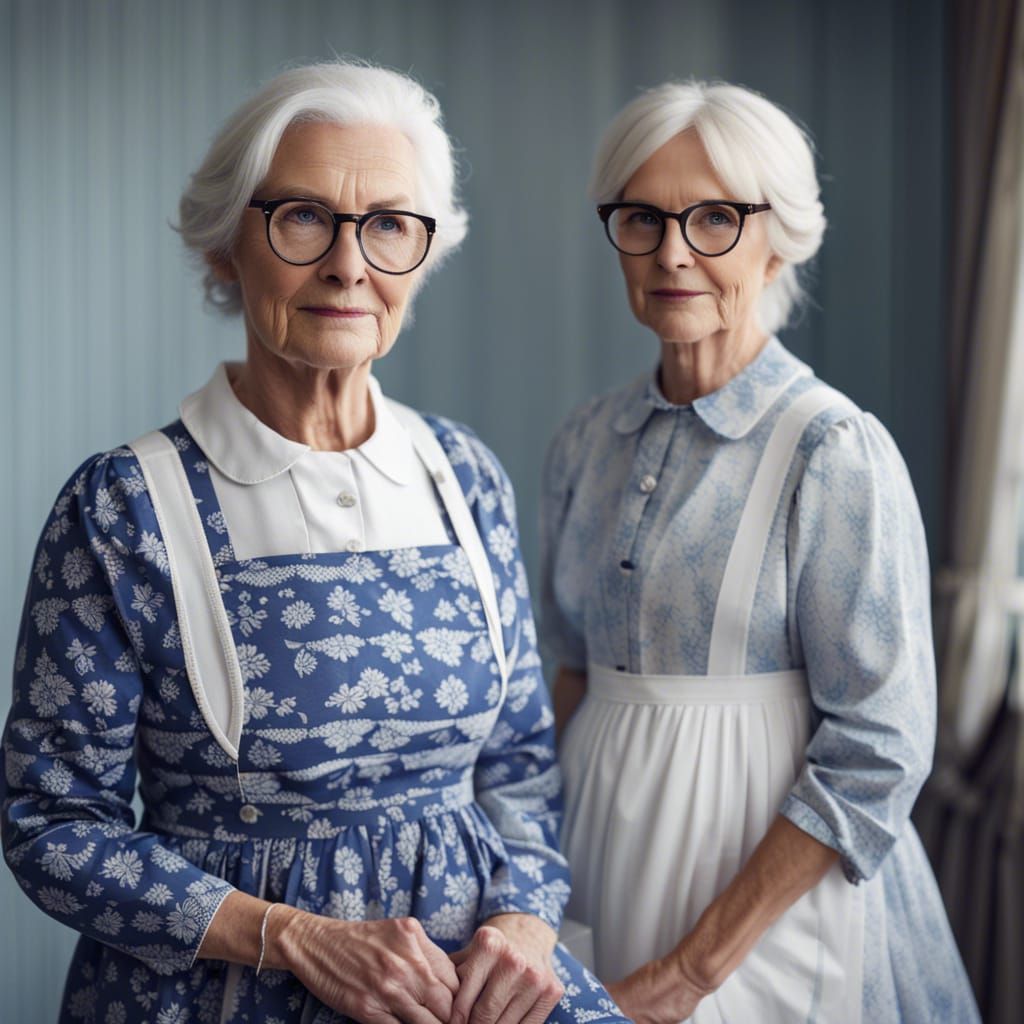 Elegant Woman in Blue Dress and Pinafore Apron