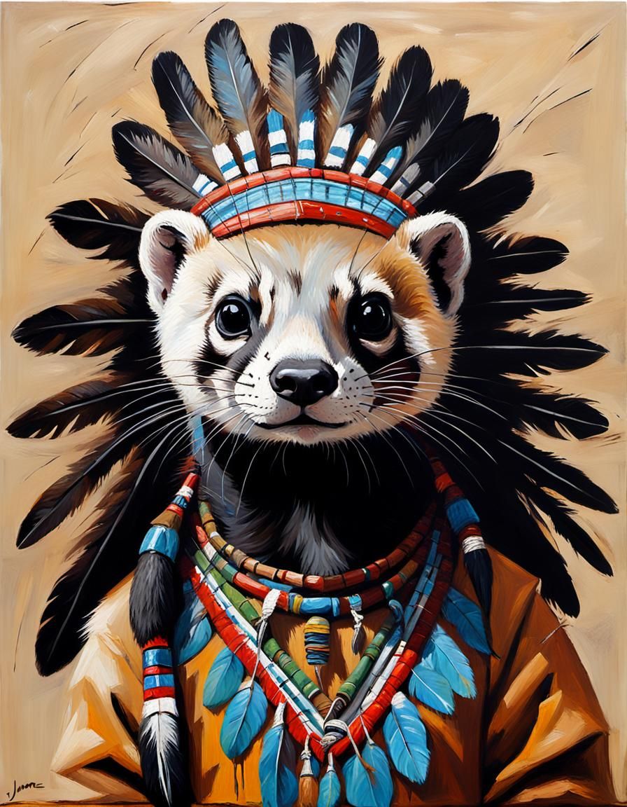Black-Footed Ferret in Native American Headdress as Oil Pain...