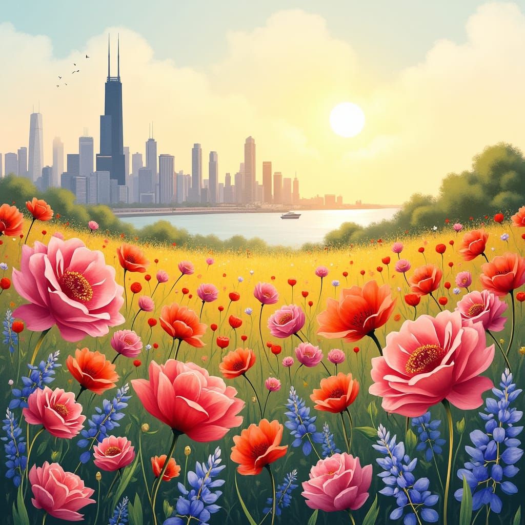 Vibrant Flower Field with Chicago Skyline in Watercolor Styl...