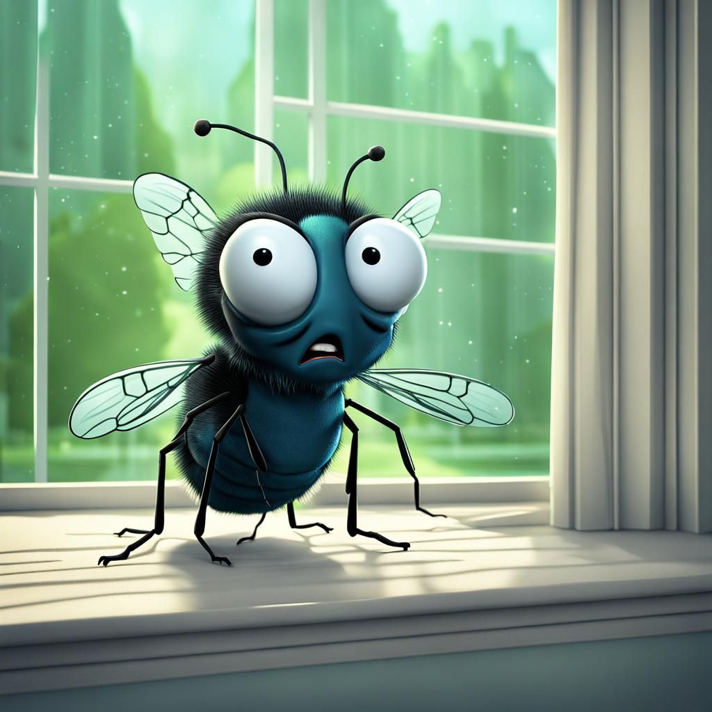 CGI cartoon crying housefly,by window