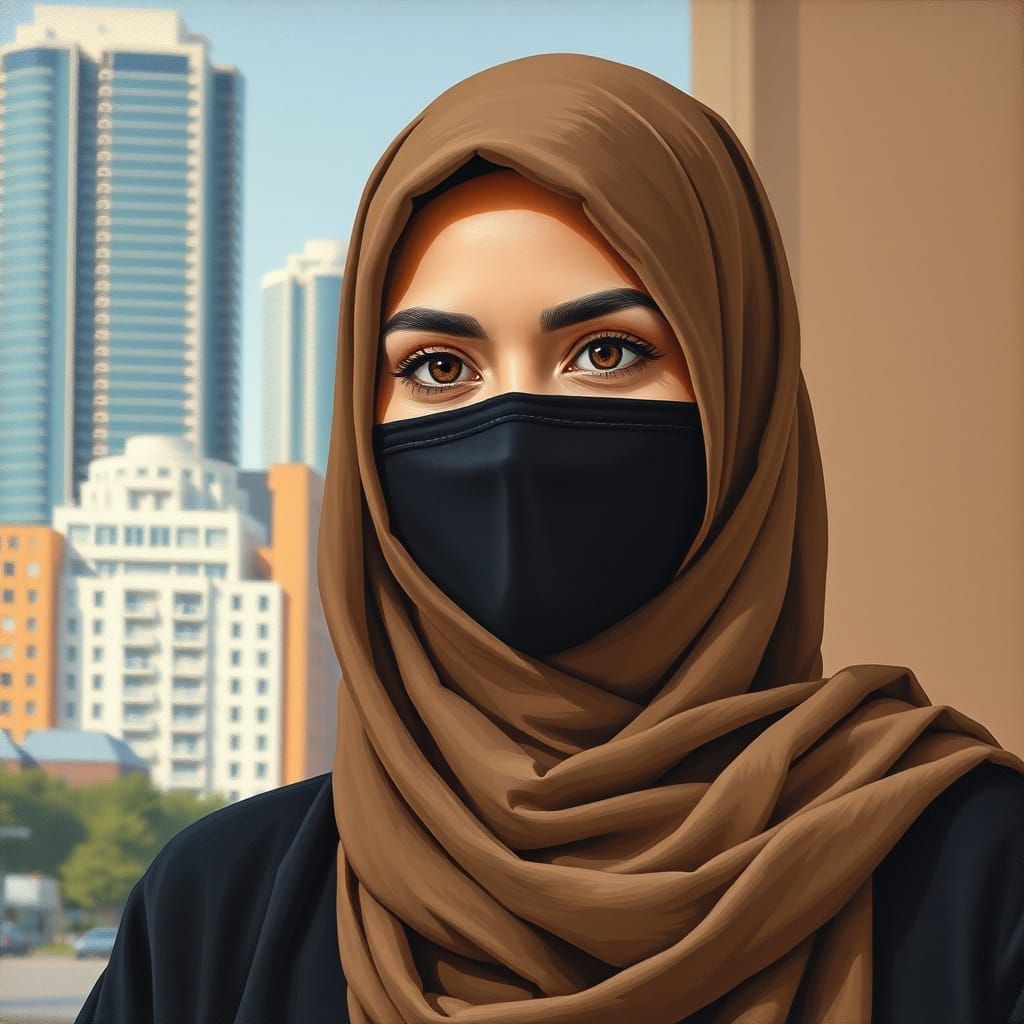 Minimalist Oil Painting of Woman in Hijab and Niqab