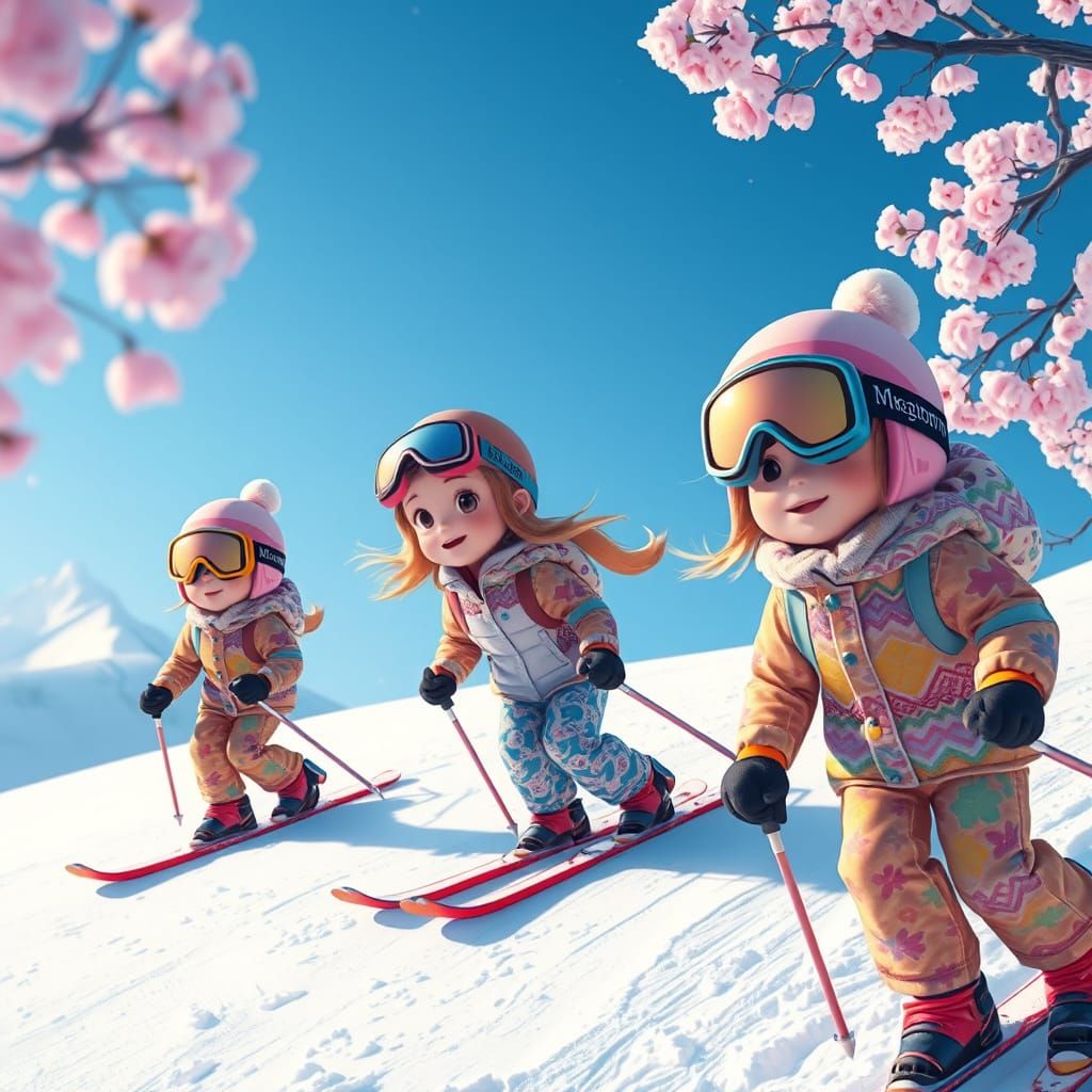 Skiing Adventure with Cherry Blossoms in Animated Style