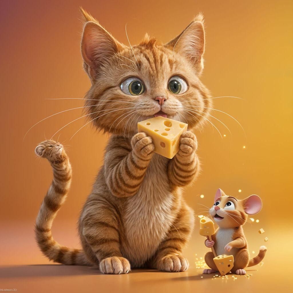 Ginger Cat and Mouse in 3D Digital Art