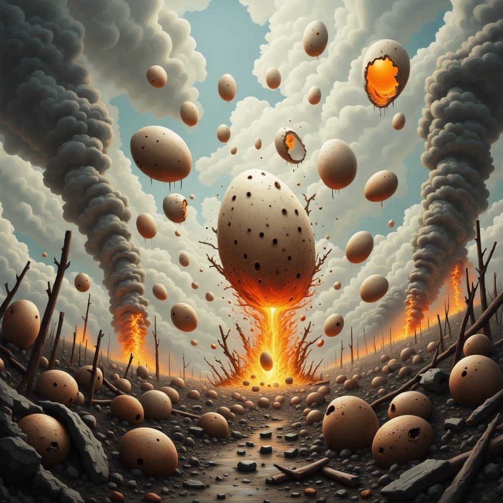 War-Torn Egg Battle in Dystopian Landscape