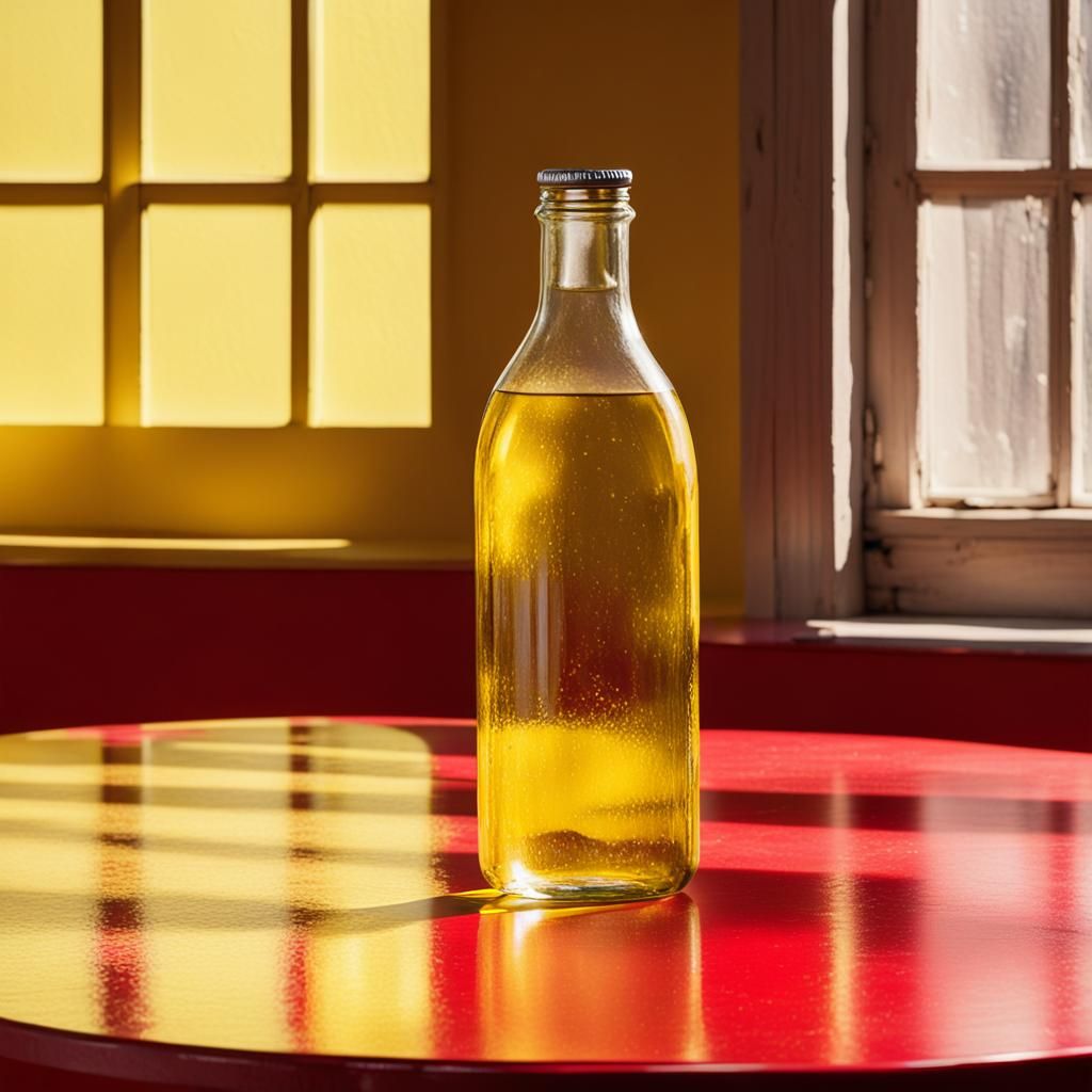 Yellow Bottle on Red Table, High Resolution Photo