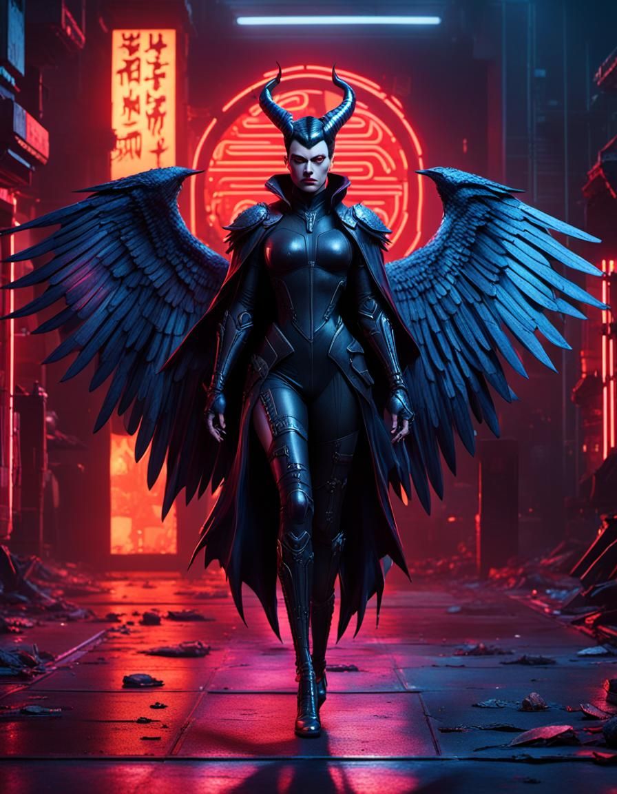 Cyberpunk Maleficent with Red Eyes and Neon Lighting