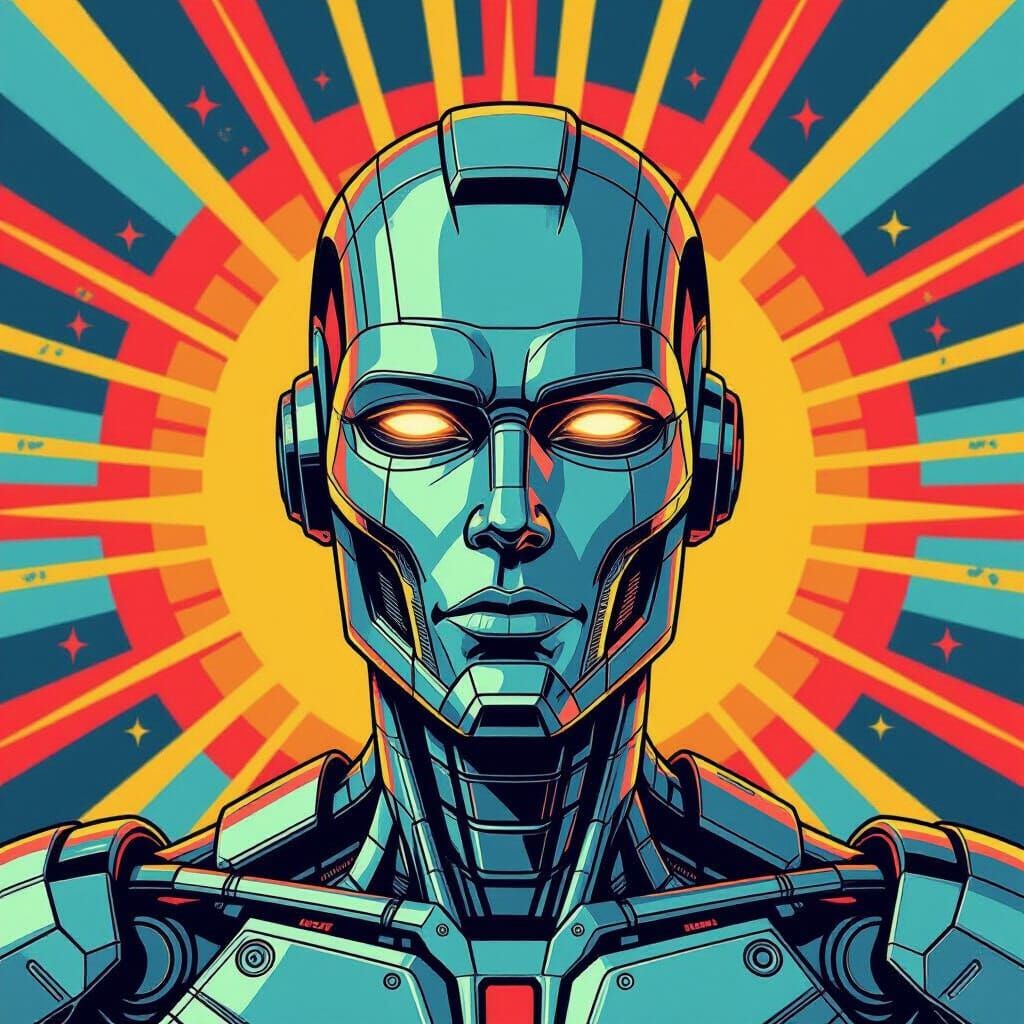 Intricate Chrome Cyborg Hand-Drawn in Pop Art Style