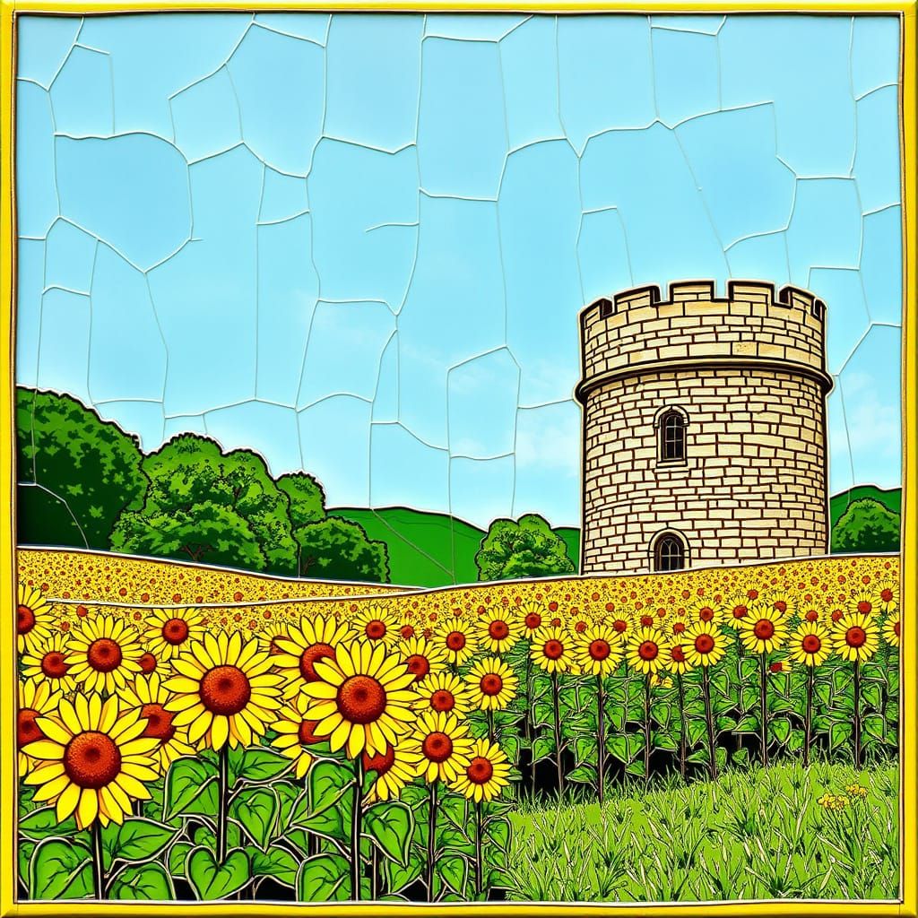 Sunflower Field and Cobblestone Tower in Stained Glass Style