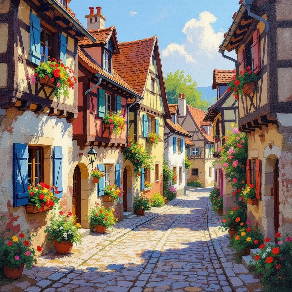 Medieval Village Street Scene in Impressionist Style