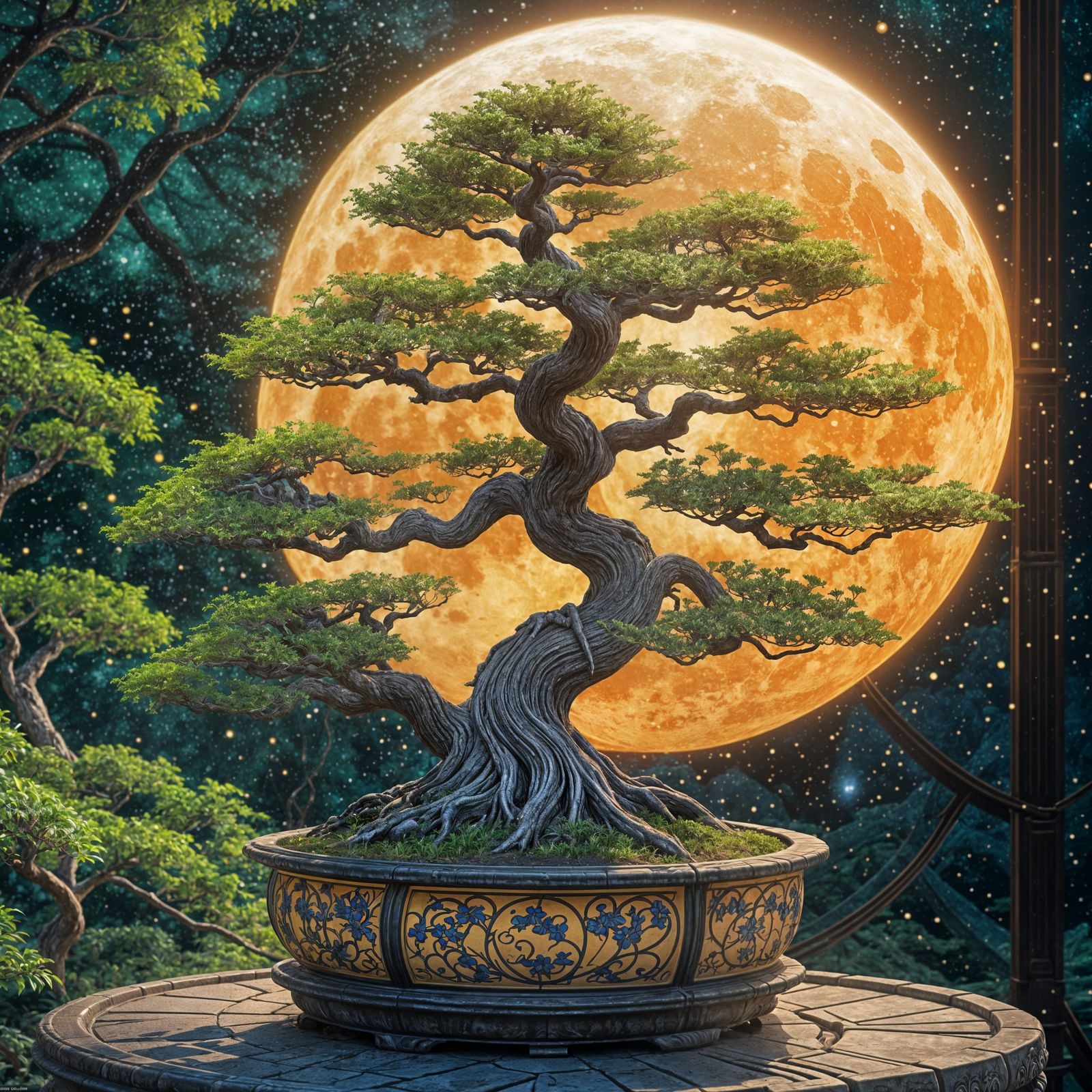 Glowing Bonsai Tree Under a Yellow Moon