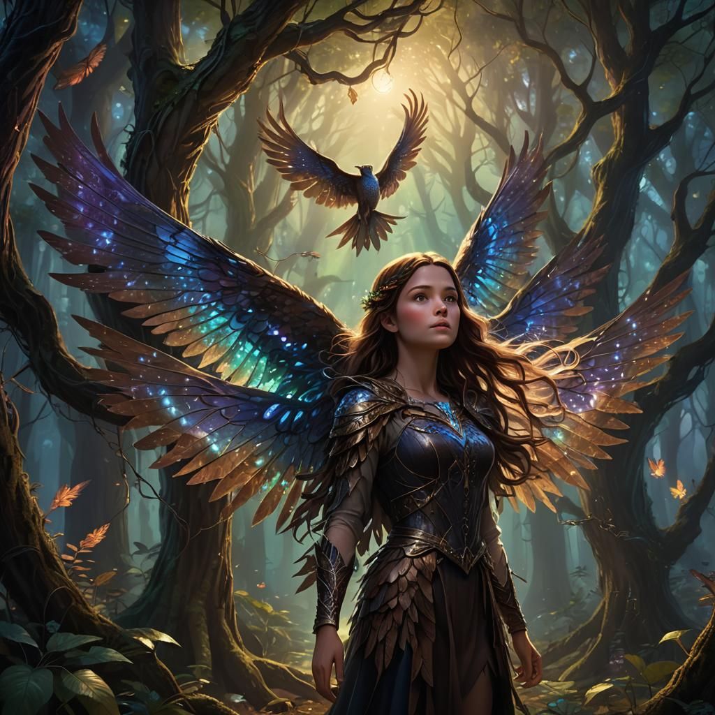 Mystical Forest Girl with Night Wing, Fantasy Art