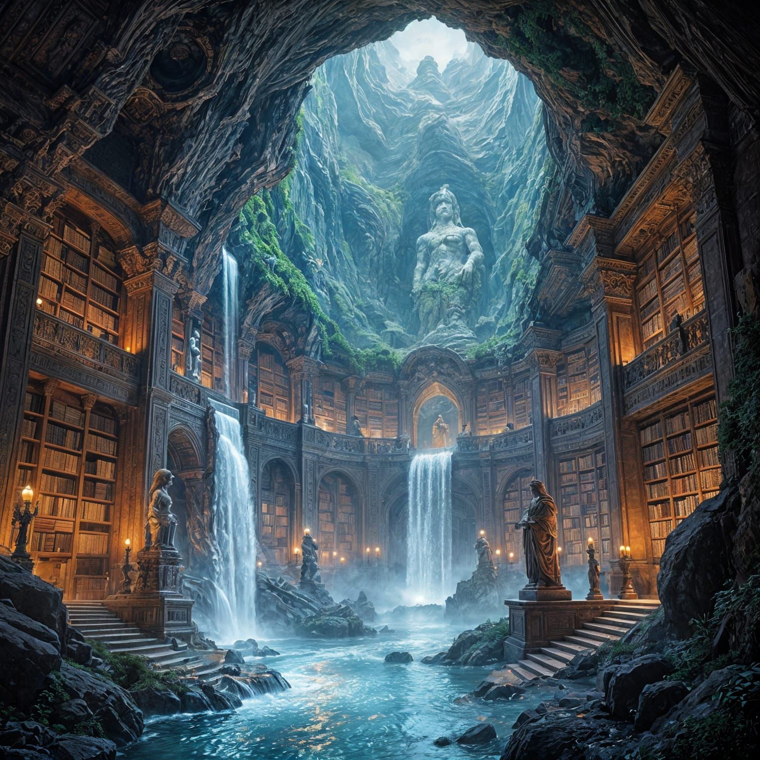Ancient Mountain Library with Glowing Books and Light Rivers